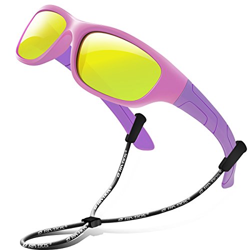 RIVBOS Sunglasses for Kids Polarized with Strap Rubber Flexible Shades Baby and Children Age 2-10 RBK025-2 Pink Mirror Lens