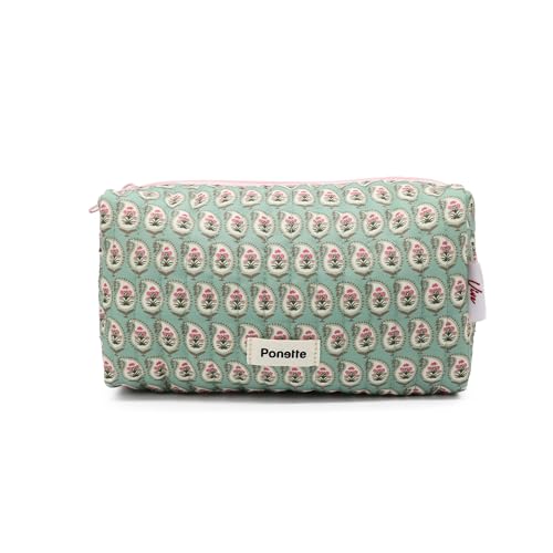 PONETTE - Neceser de Mujer Vive Acolchado Verde Estampado Paisley, Cremallera y Tirador Rosa, Forro Verde, Ideal, Viaje, Piscina, Gimnasio, Estuche, Bolsa de Aseo, Marca Española