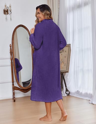 Image of Ekouaer Women Zipper Robe Fleece Long Sleeves Bathrobe Sleepwear Warm Soft Housecoat with Pockets Zip Up House Dresses