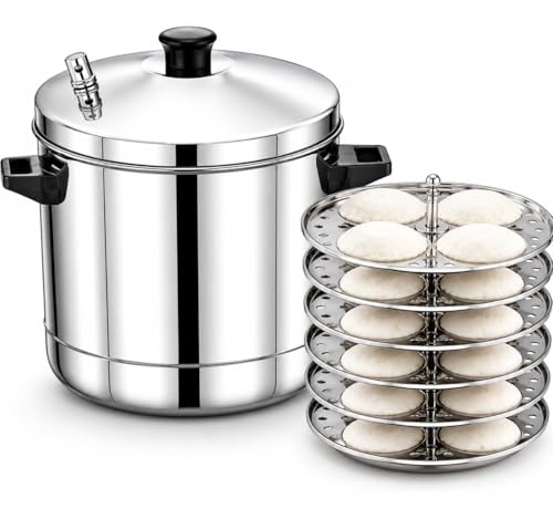 Image of Abee Stainless Steel Idli Cooker with 6 Idli Plates (24 Idli Capacity) | Heavy Duty Idli Steamer for Soft Idlis, Momos & Dhokla | Food Grade Steam Cooker with Lid & Strong Handles