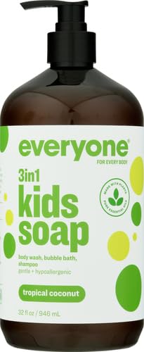 Image of Everyone 3-in-1 Kids Soap, Body Wash, Bubble Bath, Shampoo, 32 Ounce (Pack of 4), Tropical Coconut, Coconut Cleanser with Plant Extracts and Pure Essential Oils
