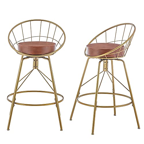 Awonde 24" Swivel Bar Stools Set Of 2 Gold Metal Upholstered Counter Height Barstools With Backs (24" Seat Height, Brown Leather Seat) #TOP6