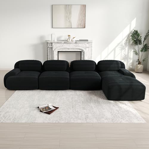 Rvjiahe Sofá esquinero de 4 plazas con acolchado 32D de alta elasticidad, antideslizante, con chaise longue, reposabrazos extraanchos combinables, sin montaje para oficina, salón y cine en casa (negro