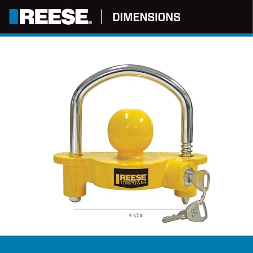 Image of REESE Towpower 72783 Coupler Lock, Adjustable Storage Security, Heavy-Duty Steel, Yellow and Chrome (Universal Fit) (Pack of 3)