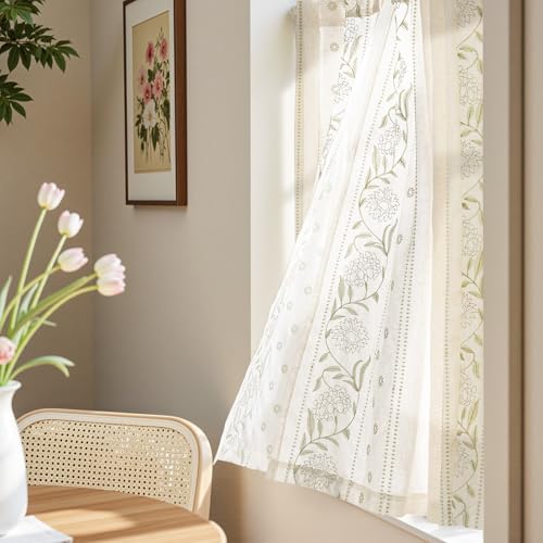 Image of jinchan Green Floral Linen Kitchen Tier Curtains 45 Inch Back Tab 2 Panels
