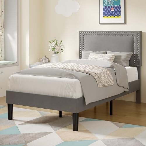 Image of VECELO Twin Size Platform Bed Frame with Height Adjustable Upholstered Headboard, Modern Mattress Foundation,Strong Wood Slat Support, No Box Spring Needed, Easy Assembly, Dark Grey