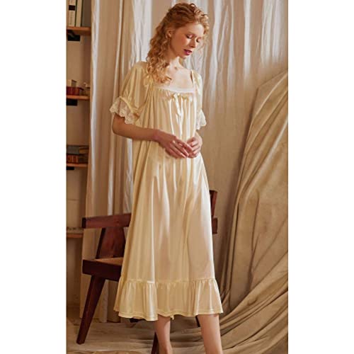 Women Classy Satin Nightgown Vintage Victorian Pretty Nightdress Sleepwear Loungewear Bridal Nighties (Small, Light Yellow) #TOP3