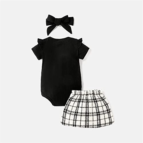 Patpat Baby Girl Clothes Skirt Set Short Sleeve Romper And Belted Skirt Set Casual Outfits Infant Girl Clothes Black 3-6 Months #TOP1