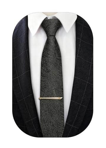 Image of Barry.Wang Skinny Ties for Men Cashmere Wool Blend Necktie with Tie Clip | Tie and Tie Clip Set, Cashmere Wool Blend, Textured Woven Stripe, 2.76 x 63 Inches, Extra Long Slim, Wedding Work Winter