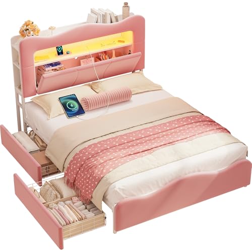 Image of LIKIMIO Full Upholstered LED Bed Frame with 2 Storage Drawers and Bookcase Storage Headboard, Velvet Princess Platform Bed with Charging Station, Heavy Duty Metal Support, No Box Spring Needed, Pink