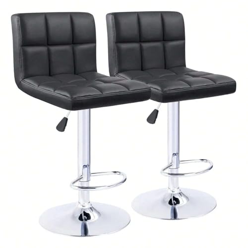 Butaco Set de 2, Moderno en Cuero PU, Giratorio, Altura Ajustable, Asiento Cuadrado Acolchonado con Respaldo, Negro, para Isla de Cocina miniatura 1