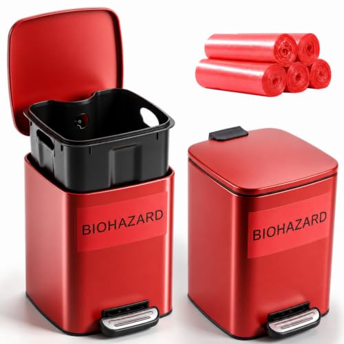 Geiserailie 2 Set 1.6 Gallon Metal Biohazard Trash Can, Foot-Operated Lid