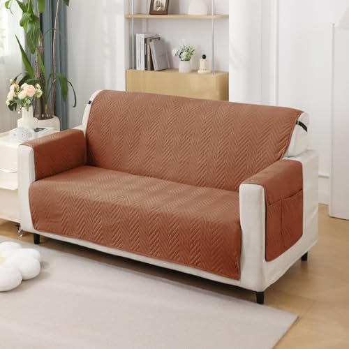 Image of HOKIPO 3 Seater Quilted Sofa Cover with Pockets, Brown (NEW3-803-BRN)