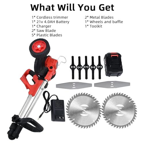 Weed Eater Battery Powered,21v Trimmer Edger Lawn Tool,3-in-1 Grass Trimmer/Wheel Edger,4.0 Ah Battery,for Garden,Yard Trimming,Lawn Cutting(Red) by SHINTYOOL