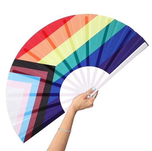 GeGeYa Rainbow Large Folding Fan-Hand Fan Popping Fans for Line Dancing Clacking Fans for Boots On The Ground Dance Party Outdoor Decoration (Pride Flag)