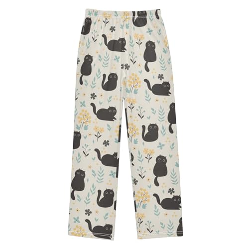 Boys' Pants Cute Black Cats and Flowers Long Bottoms Jogger Pants Elastic Waist Trousers with Pockets S-XL