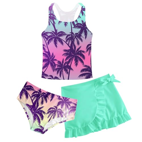 Image of Girls Swimsuit 3 Piece Bathing Suit Quick Dry Tankini Set with Cover Up Beach Skirt Tankini Swimwear 5-16 Years
