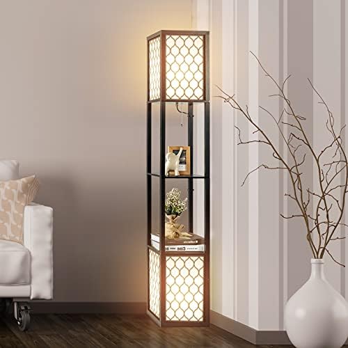 TANGZON Floor Lamp with Shelves, 2/3 Layers Wooden Shelf Tall Standing Light with 1/2 E27 Holders & Fabric Shades, Corner Standard Lamp for Bedroom Living Room Study (2 Shelves, 2 Holders)