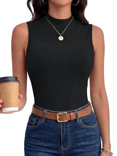 ANRABESS Mock Neck Tops for Women Basic Soft Ribbed Slim Tank Tops Comfy for Yoga Lounge & Office Versatile Summer Shirt Black Medium