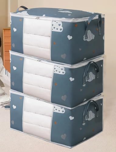 3 Pcs Large Foldable Storage Bag Organizer with Reinforced Handle,Clear Window,Zipper Closure,Moving Bags and Storage Containers for Bedding,Comforters,Clothing,Navy Blue.