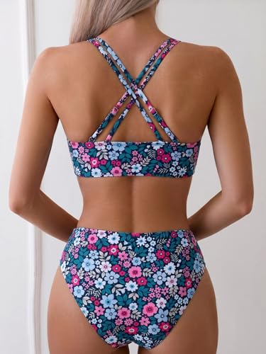 Image of Fanuerg Women's Sexy V Neck Bikini Sets Hollow Out Two Piece Swimsuits Cutout Mid Waist Bathing Suit