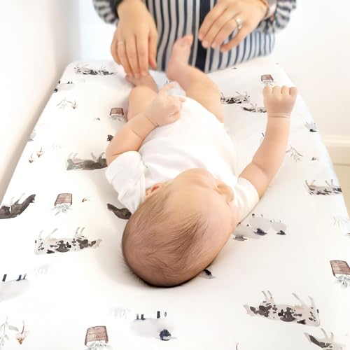 Image of GRSSDER Stretch Ultra Soft Jersey Knit Changing Pad Cover Set 2 Pack, Change Table Pad Covers Fit 32 inch /34 inch x 16 inch Pads Safe and Snug, Cute Watercolor Cows and Birds Print for Boys and Girls