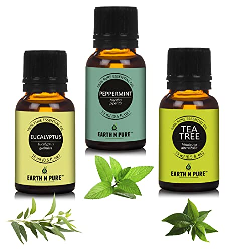 Image of Earth N Pure Eucalyptus, Peppermint & Tea tree Essential Oils | Pack Of 3 (15 ml each) | 100% Pure, Undiluted, Natural And Therapeutic Grade - Perfect for Aromatherapy, Skin Therapy & More