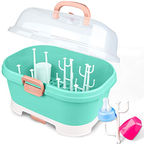 Image of NiHome Portable Baby Bottle Drying Rack with Lid Cover - Anti-Dust Protection and Cutlery Storage - Dish Organizer with Drain Board - Easy-Carry Handle for Home, Kitchen, Travel and Outdoors (Teal)