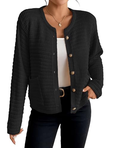 Bsubseach Cardigan Sweaters for Womens Long Sleeve Open Front Button Down Knit Jackets Fall Cardigans with Pockets Black L