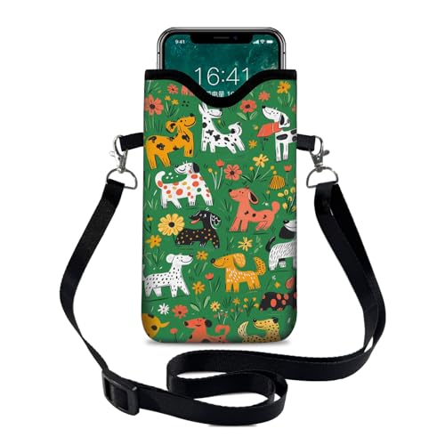 Image of Neoprene Cell Phone Sleeve Pouch Case Bag with Crossbody Strap Neck Lanyard for Women 7.1 X 3.9 in Green Dog