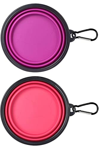 Petbonus 2-Pack Silicone Collapsible Dog Bowls, Bpa Free Dishwasher Safe, Portable Foldable Expandable Travel Bowl, Food Water Feeding Cup Dish For Dogs Cats With 2 Carabiners (L, Purple, Pink) #TOP5