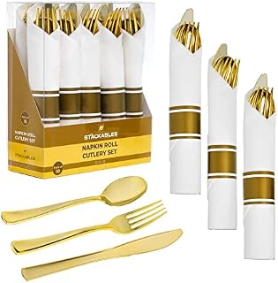 STACKABLES ~ 10 Pack Cutlery Sets ~ Elegant Plastic Silverware Set with Spoon Fork Knife Wrapped in White Napkin Reusable Flatware (Gold)