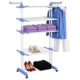 HUOLE Wäscheständer, platzsparend, für Balkon, zusammenklappbar, Wäscheständer, Wäscheständer, vertikal, 3/4 Ebenen, 75 x 64 x 170 cm (blau + weißer Stab)