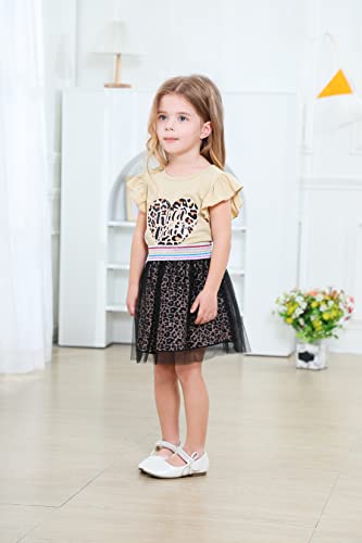 Retsugo Baby Girl Valentines Day Outfit Flutter Sleeve Heart Shirt Tulle Skirts Set Kids Tutu Dress Toddler 2 Piece Leopard Skirt And Top Set 5-6 Years #TOP5