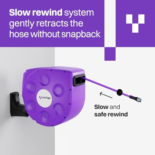 YUNIGO UNITY 100ft, Wall-Mounted Retractable Hose Reel, Slow Rewind, Complete System with Spray Nozzle, 180° Pivoting Mount, Fully Preassembled Compact System for Home & Garden Watering by Yunigo - Used condition - Image 7