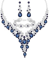 Necklace + Earring + Bracelet (Silver Plated Blue Crystal)