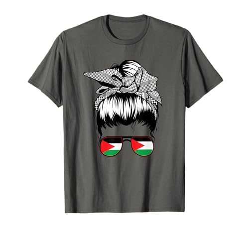 Messy Bun Palestine - Camiseta keffiyeh con bandera palestina para mujer Camiseta