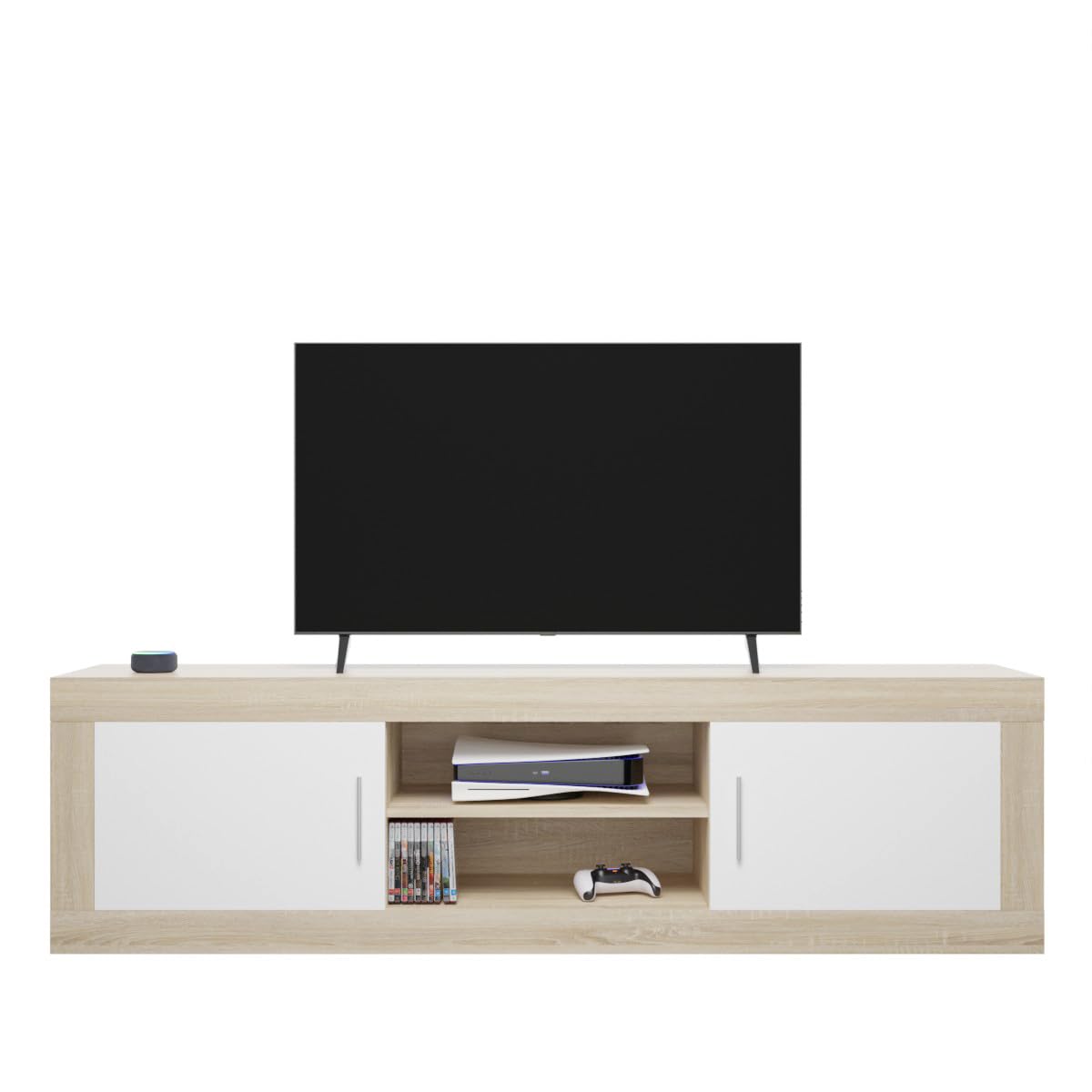 amuéblate online - Mueble de TV Moderno Modelo Indiana, 2 Compartimentos de Almacenamiento y 2 Puertas, Color Cambria - Blanco, Medidas: 50cm (Alto) x 180cm (Ancho) x 41,4cm (Fondo)