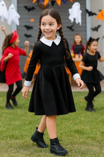 Vestido negro para niña manga larga clásico con cuello Peter Pan miniatura 2