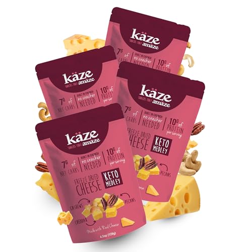 Kaze Freeze-Dried Cheese Puffs & Cheese Balls – High Protein, Gluten-Free, Keto-Friendly Snacks – Convenient, Crunchy, Low Carb, Delicious – Perfect On-the-Go Snack (Pack of 04, Cheddar, Cashew and Pecan Flavour)