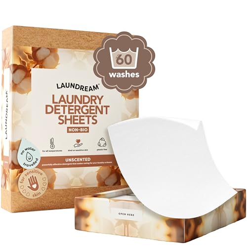 SARROSI LAUNDREAM by Hojas de detergente para ropa sin perfume 60 cargas | Ecológico y no biológico | Biodegradable, hipoalergénico, no tóxico y sin plástico | Fórmula vegana