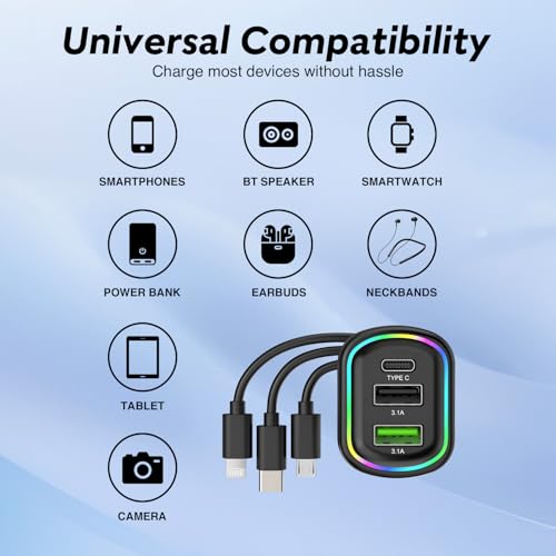 Image of Humble 3-Port Car Charger with Built-in 3 in 1 Charging Cable (Lightning /Type-C /Micro USB) PD Type-C & Dual USB-A 3.1A Works Compatible with iPhone, iPad, Samsung, Oneplus, Tablets & Other Devices