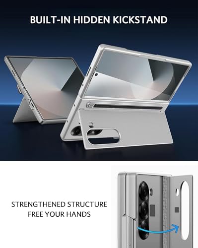 Image of Kapa Textured Grip S Pen Holder Hinge Protection Back Cover for Samsung Galaxy Z Fold6 / Fold 6 | with Kickstand & S Pen Slot Case (Silver)