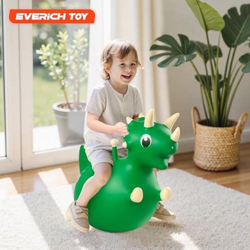 Image of EVERICH TOY Bouncy Dinosaur Hopper, Ride-On Animal Hop Toy for Kids 3+ | Inflatable Horse Hopping for Boys Girls, Indoor Outdoor Bouncy Dino Plush Toy for 3 Year Old Kids, Gift for 4 5 6 Yrs W / Pump