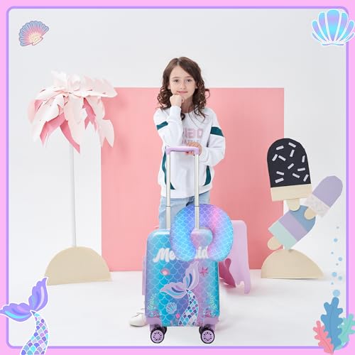 Image of Cute Mermaid Kid's Luggage Set 2 Piece Suitcase Set 16'' Hardside Luggage with Spinner Wheels Girls Travel Rolling Luggage Carry on Luggage Airline Approved