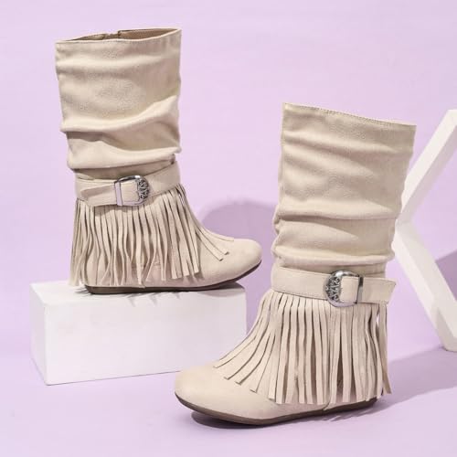 Girls Mid Calf Retro Tassel Cowboy Cowgirl Boots Western Riding Shoes With Side Zipper2