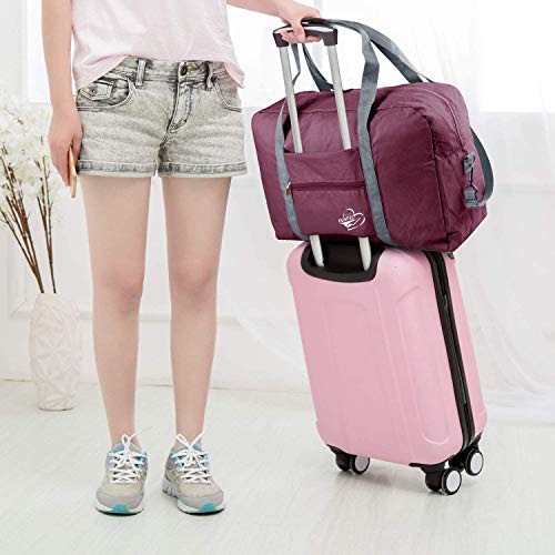 FUNFEL Foldable Travel Duffel Bag Tote Carry on Luggage Sports Water Resistant Nylon (Ⅲ-Wine Red)