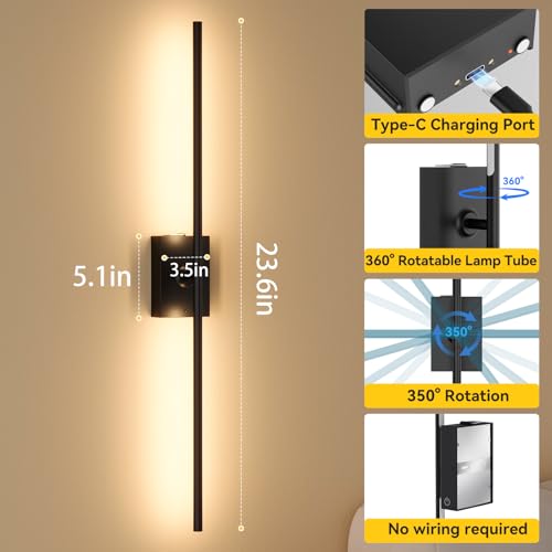 Image of Ouyulong Battery Operated Wall Sconces Set of 2, 10000mAh Wireless Rechargeable 3000-6000K Dimmable 350 Rotate Wall Light with Remote for Living Room, Bedroom 23.6in Black