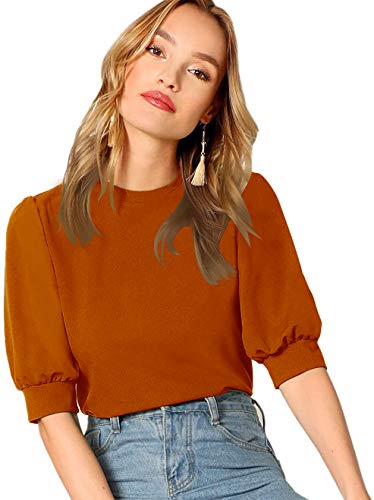 SheIn Women's Puff Sleeve Casual Solid Top Pullover Keyhole Back Blouse Pure Brown Large