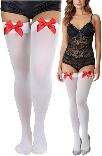 Image of ToBeInStyle Women's Opaque Long Thigh High Stockings w /Decorative Front Satin Bow